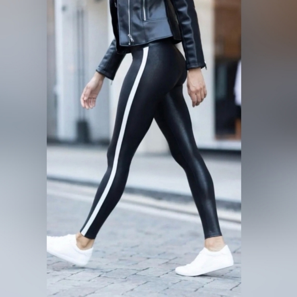 SPANX Faux Leather High-Waisted Black Leggings with White Side Stripes NEW NWT